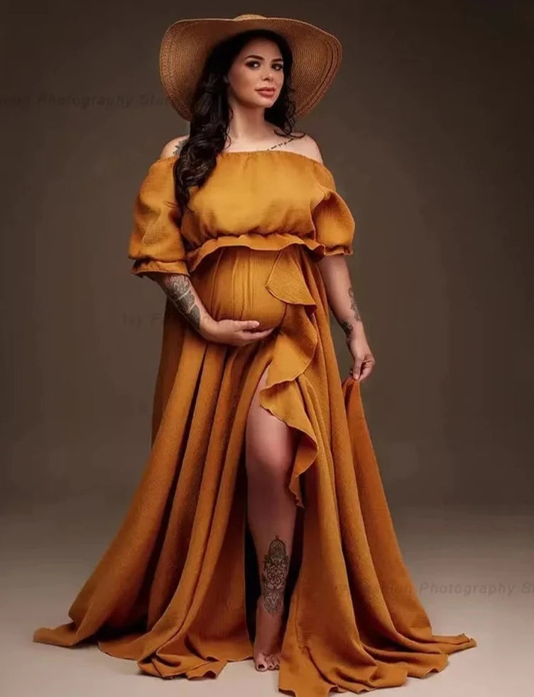 B. Vintage/Boho Maxi Dress with Side Split and Ruffle Edge in Comfortable, Vintage Style Linen