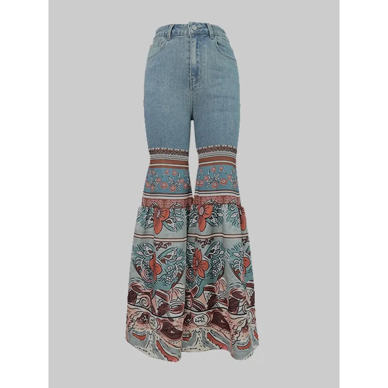 Vintage Boho Blue Jeans with Floral Printed Flare Bottoms and Pockets