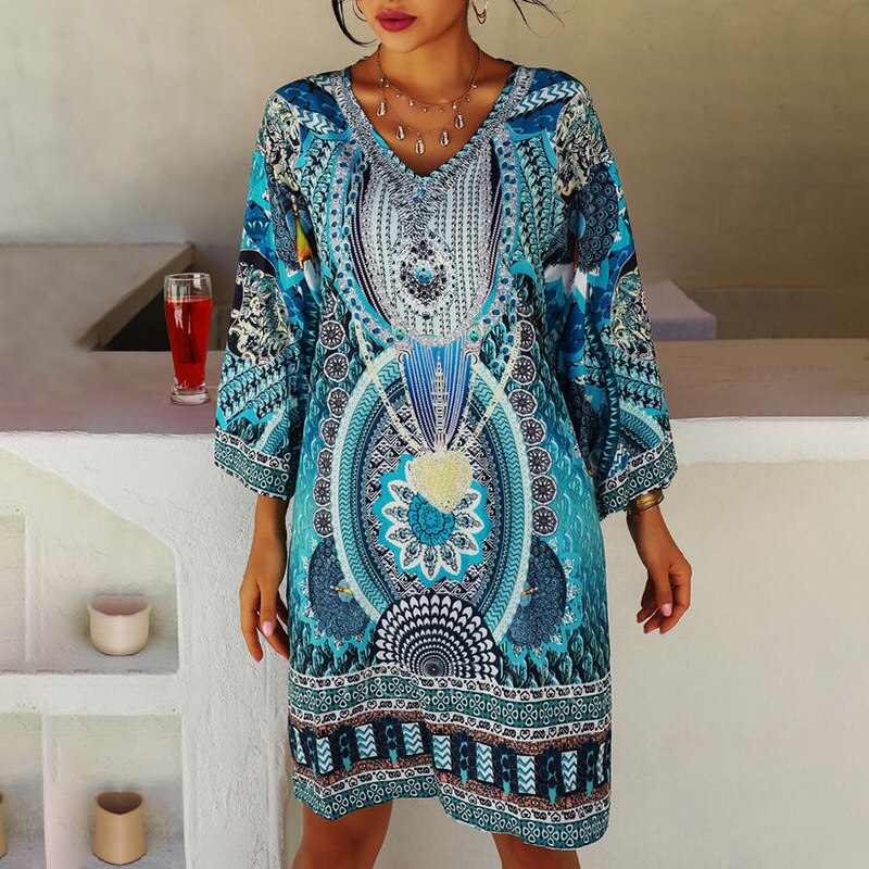 Boho Printed Beachwear Mini Dress