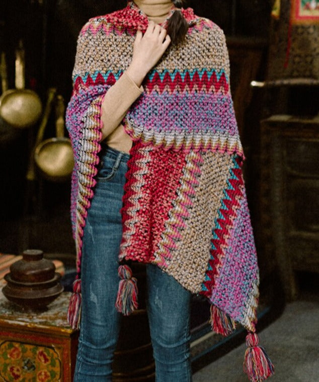 Winter Gypsy/ Boho Knitted Poncho Cloak with Tassels