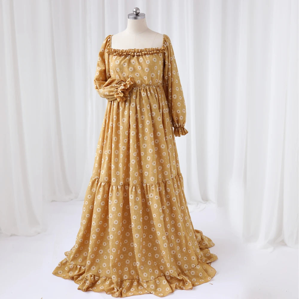 Daisy Printed Cotton Long Sleeved Retro Style Maternity Dress For Photography or Baby Shower Dress