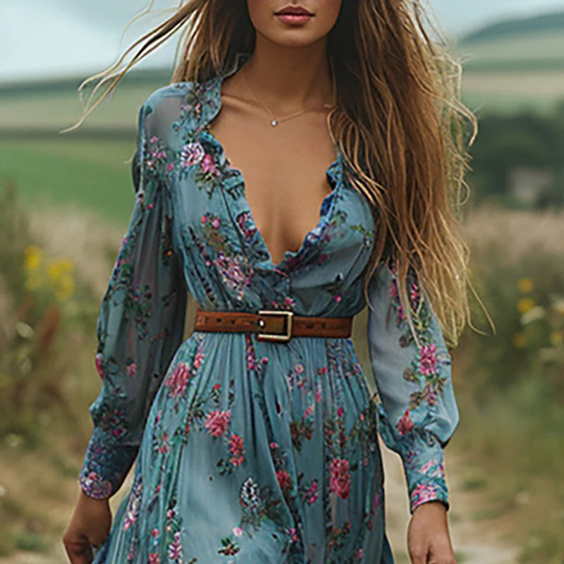 A. Vintage Indie Folk Floral Printed Boho Maxi Dress With Sexy V Neck, Elastic Waist, Long Sleeve