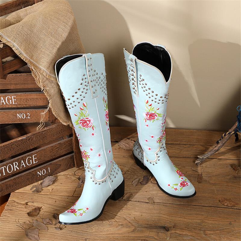 Women's Western Mid-Calf Boots with Retro Floral Embroidered Rivets and Multi-colours with Pointed Toe