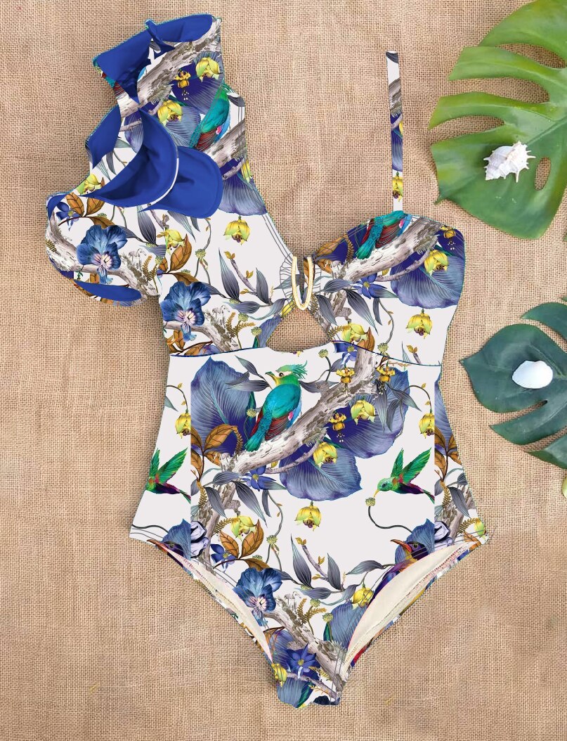 Boho Style Ruffled One Shoulder Printed Monkini