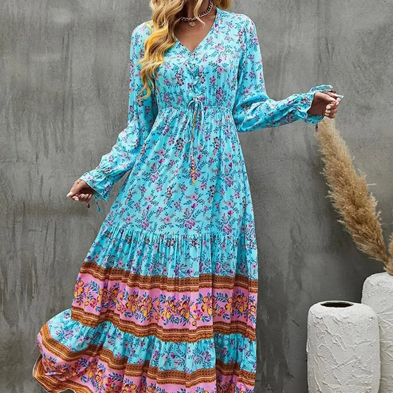 Bohemian Floral Printed Maxi Sundress with V-Neck and Loose Long Sleeves