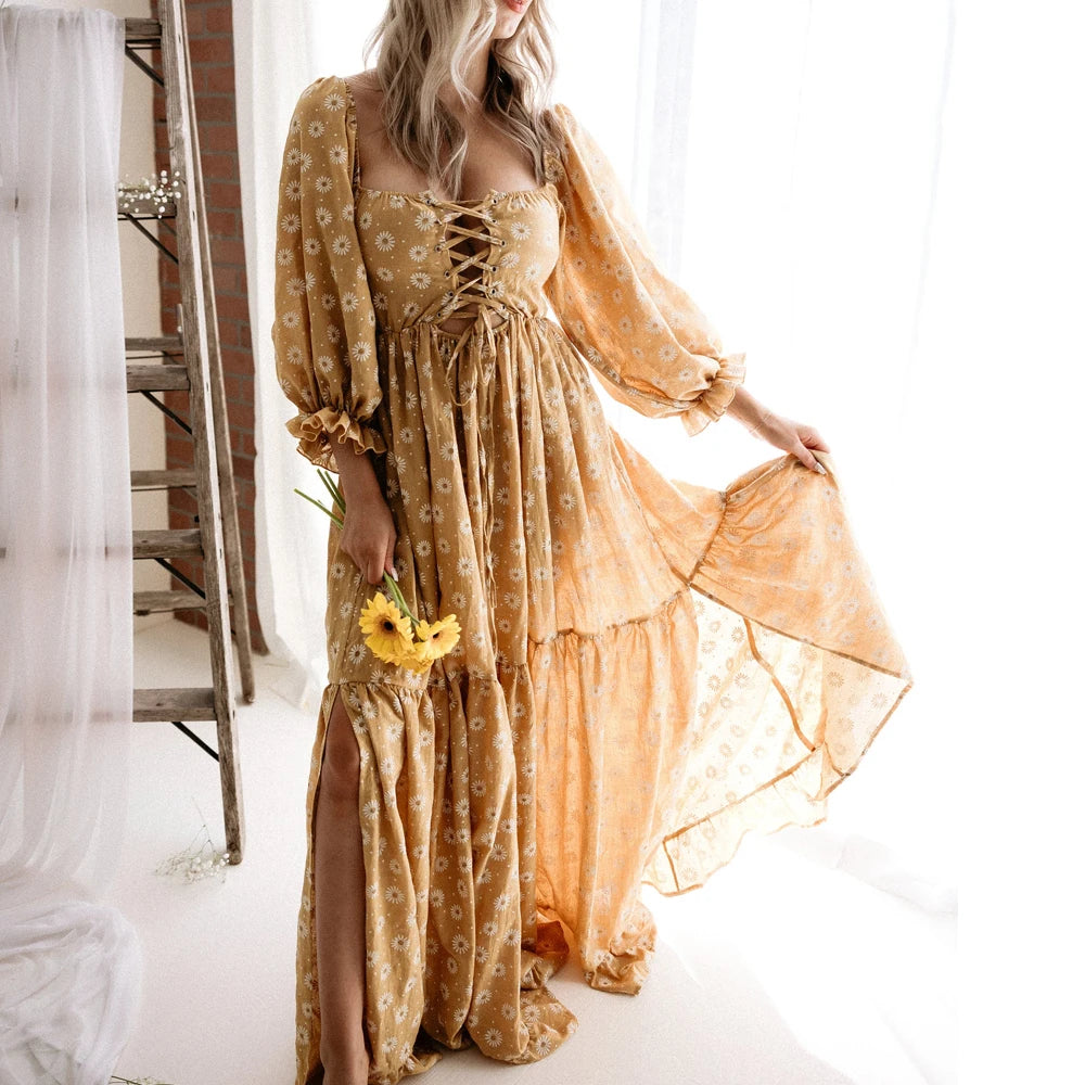 Daisy Printed Cotton Long Sleeved Retro Style Maternity Dress For Photography or Baby Shower Dress