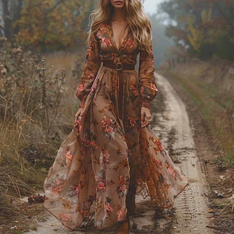 A. Vintage Boho Floral Print Indie Folk V-neck Long Dress With High Waist, Loose Bohemian Maxi Dress