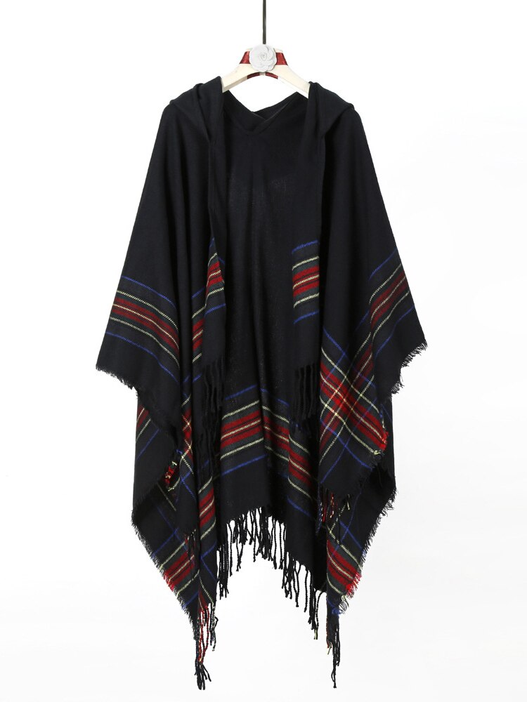 Winter Gypsy/ Boho Knitted Poncho with Hood and Tassels