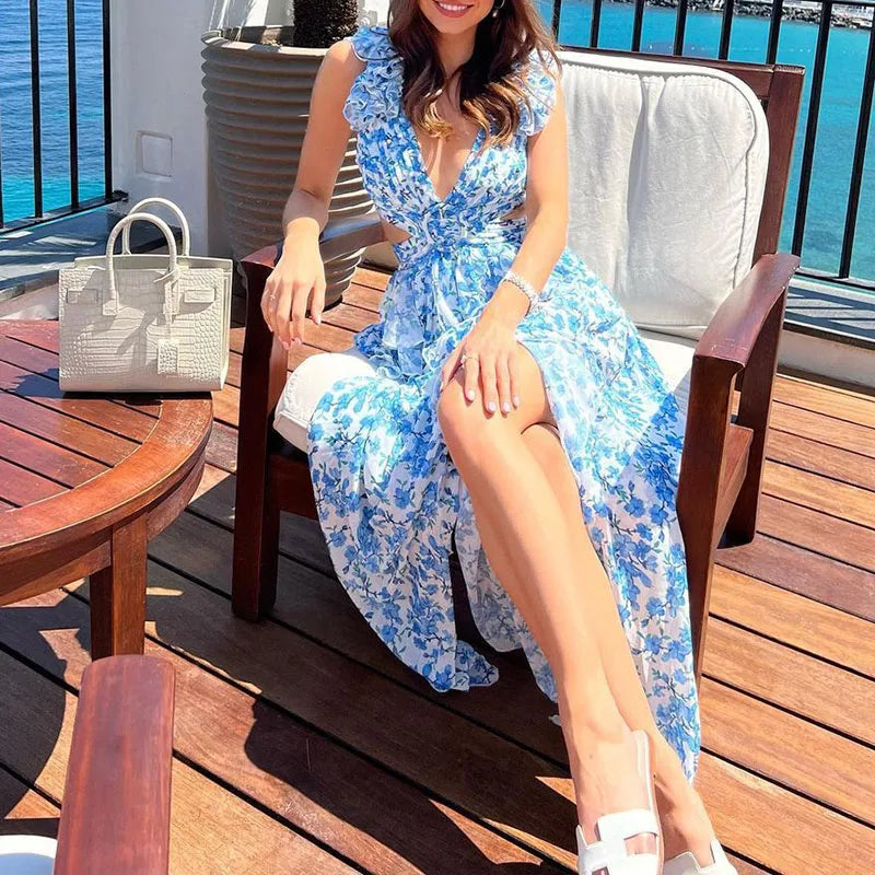 Elegant Floral Shoulder With Deep V-neck, Temperament Waist Ruffle and Tie-up Backless Party Dress