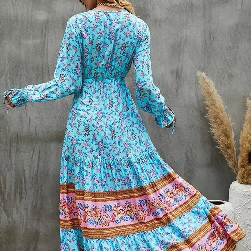 Bohemian Floral Printed Maxi Sundress with V-Neck and Loose Long Sleeves