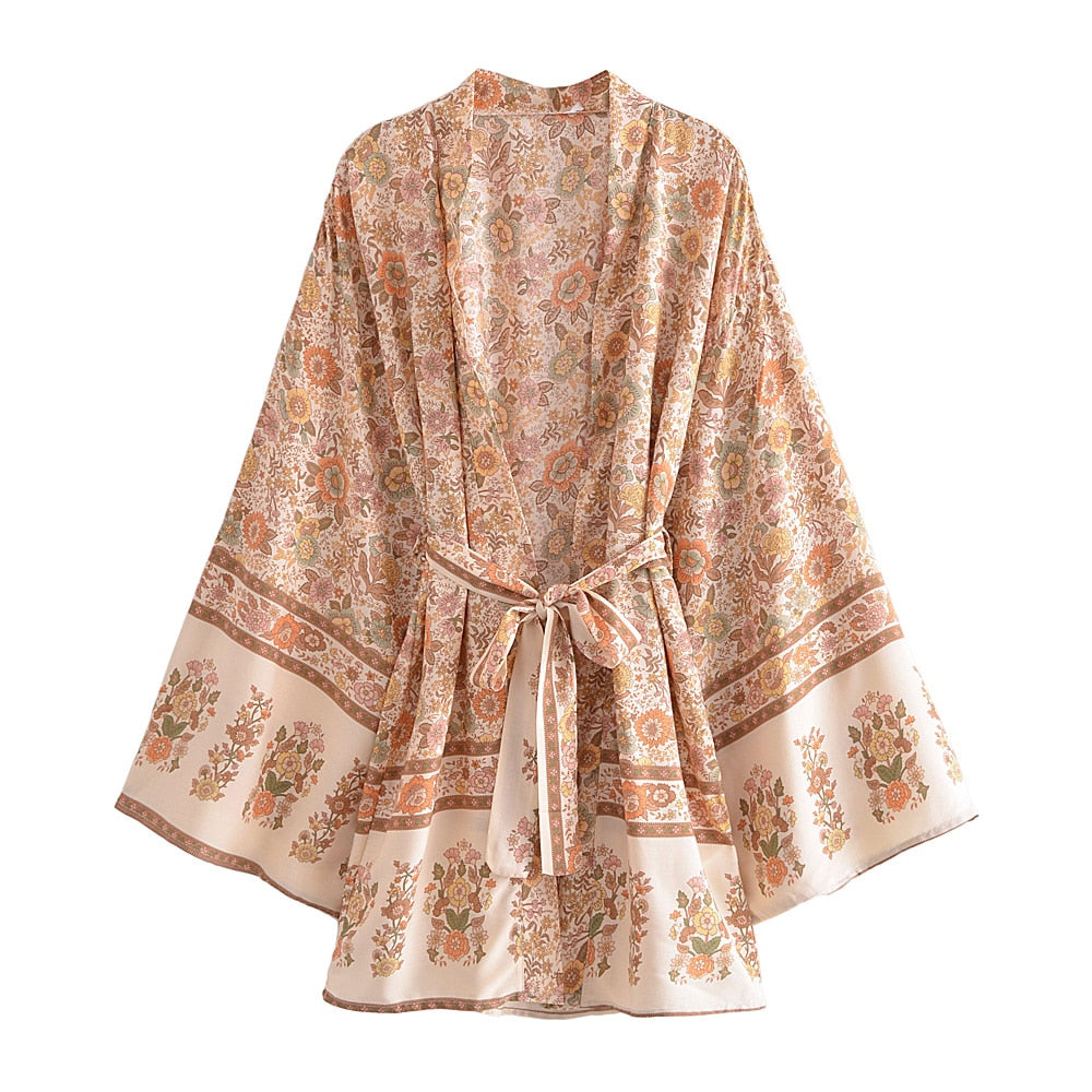 Bohemian Kimono Dresses with Floral Print Sashes Batwing Sleeves and V-Neck (Summer Bikini Boho Cover-ups)