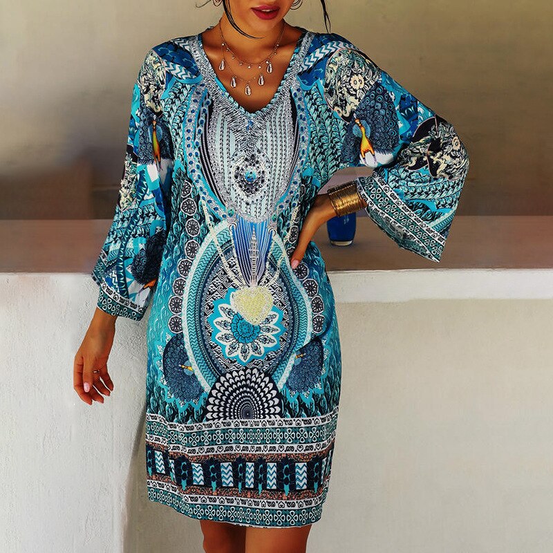 Boho Printed Beachwear Mini Dress