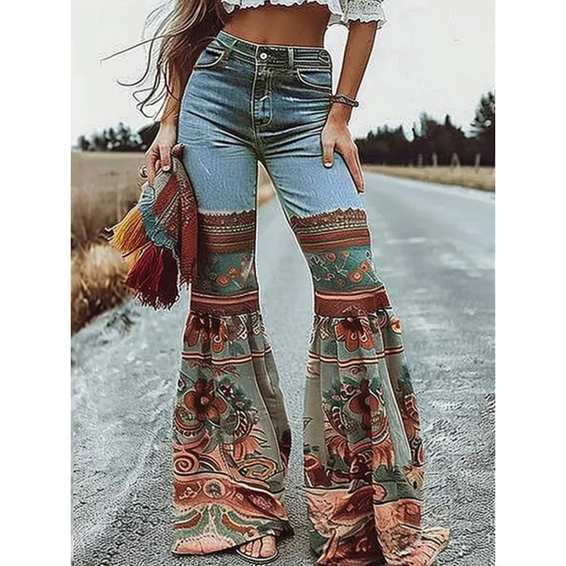 Vintage Boho Blue Jeans with Floral Printed Flare Bottoms and Pockets