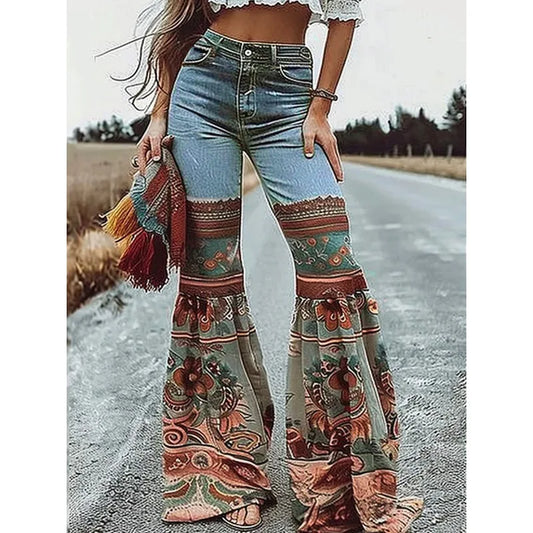 Vintage Boho Blue Jeans with Floral Printed Flare Bottoms and Pockets