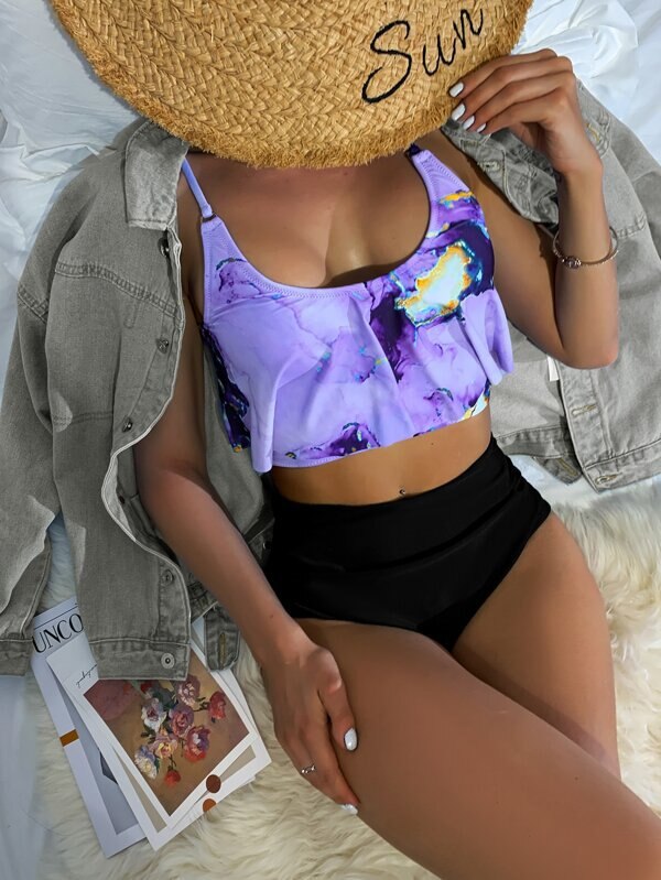 High Waist Tie Dye Two Piece Ruffle Bikini Set