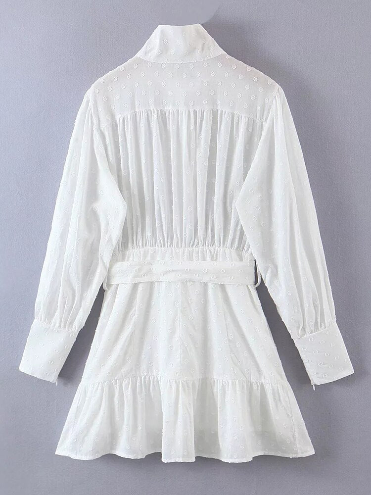 Gypsy/ Vintage Cotton White Mini Dress with Lantern Sleeves and Double Belt