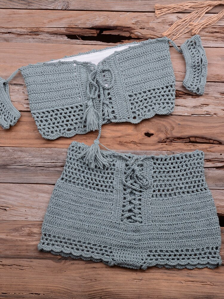 Bohemian Fashion Crocheted Beach Bikini Set, Off the Shoulder with Tassels