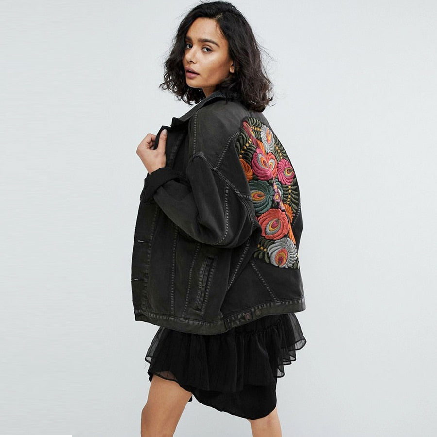 Winter Gypsy/ Boho Floral Embroidered Denim Jacket