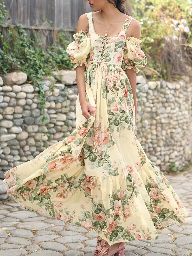 Bohemian Floral Printed Maxi Dress with Off The Shoulder Puff Sleeves and Tiered Ruffles