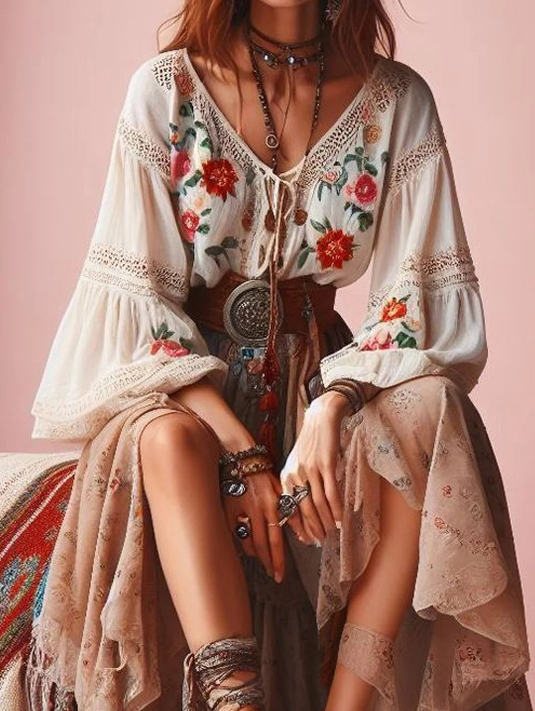 Lantern Sleeve Boho Blouse with Floral Pattern and V Neck Lace Patchwork