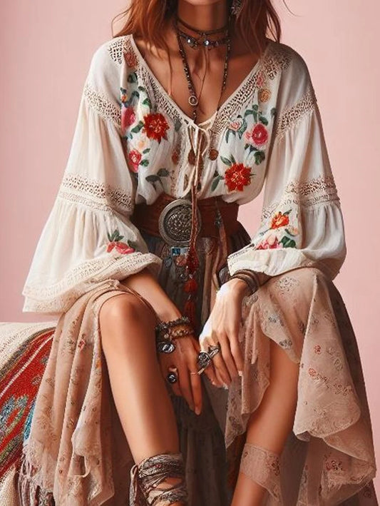 Lantern Sleeve Boho Blouse with Floral Pattern and V Neck Lace Patchwork