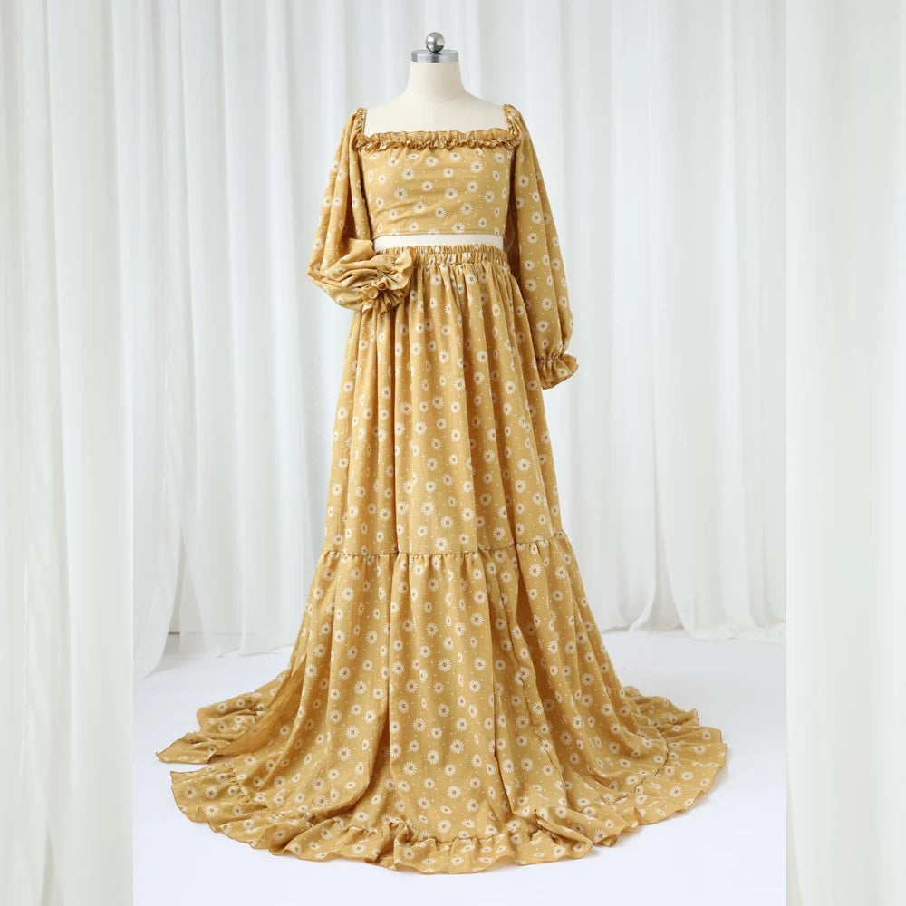 Daisy Printed Cotton Long Sleeved Retro Style Maternity Dress For Photography or Baby Shower Dress