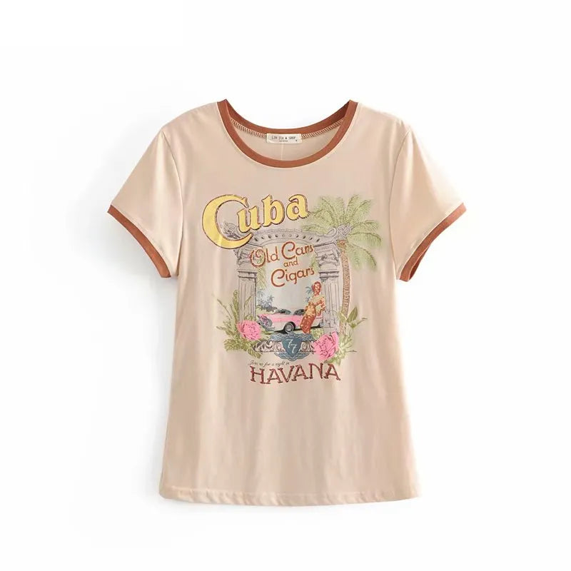 Hippie / Vintage Coconut Tree Printed Short Sleeve Cotton T-shirt
