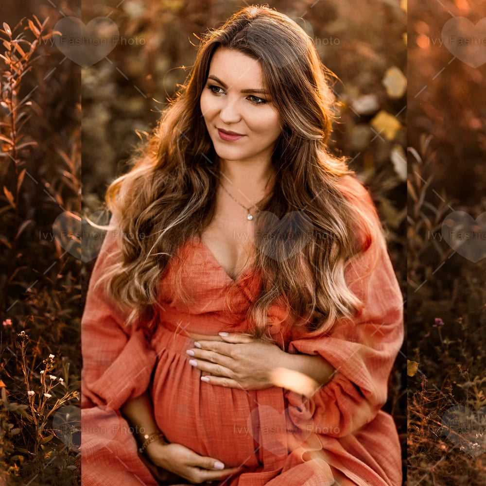 A. Linen Cotton Two Piece Boho Maternity Dress For Photo Shoots or Baby Showers