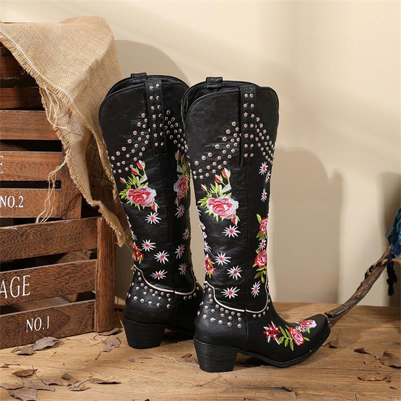 Women's Western Mid-Calf Boots with Retro Floral Embroidered Rivets and Multi-colours with Pointed Toe