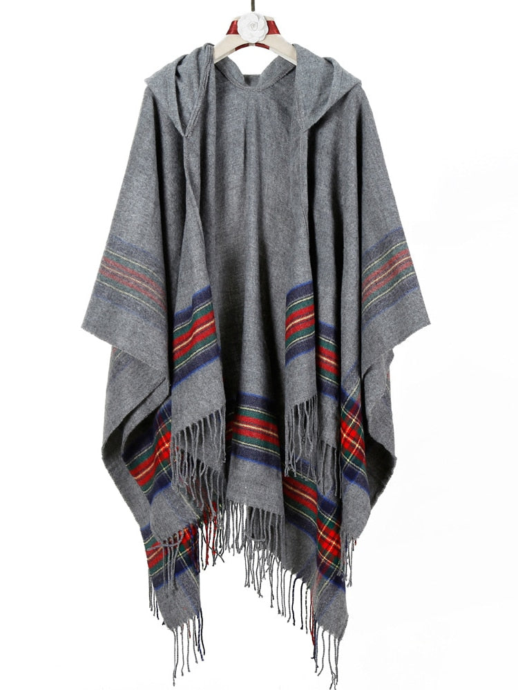Winter Gypsy/ Boho Knitted Poncho with Hood and Tassels