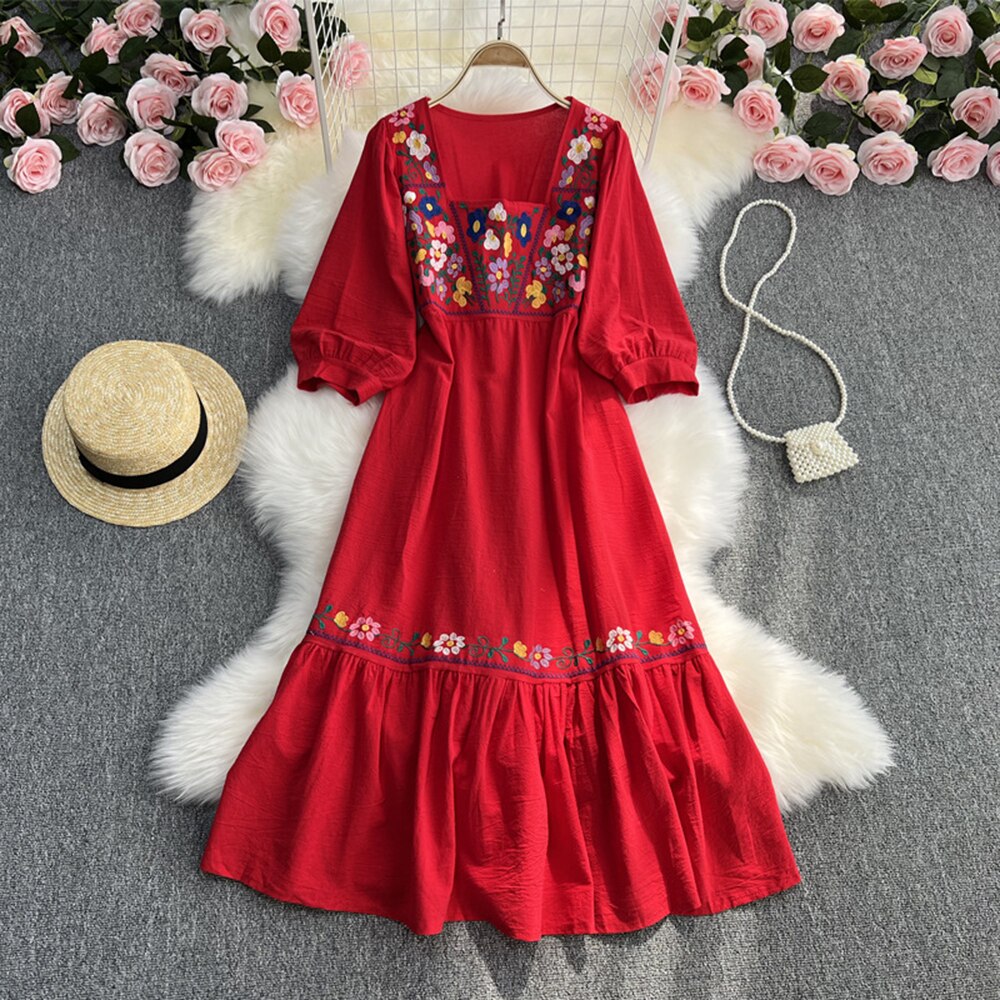 Vintage/ Boho Floral Embroidered Long Sleeve Sun Dress