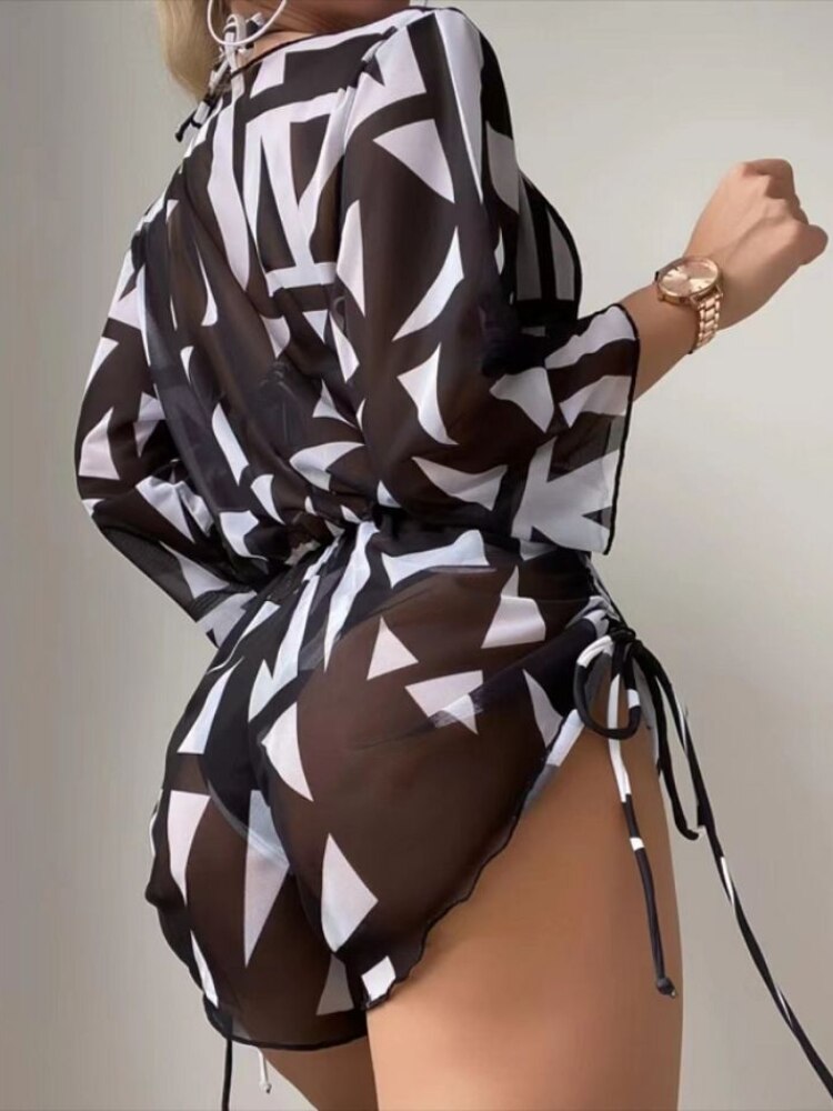 Women's 3 Piece Triangle Bikini Swimsuit Set, Halter Push Up Top and Long Sleeve Cover Up Dress with Thong Bottoms