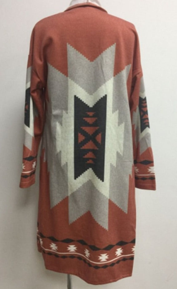 Winter Tribal Printed Casual Loose Long Sleeve Cardigan with V-neck. Trench Coat Style.