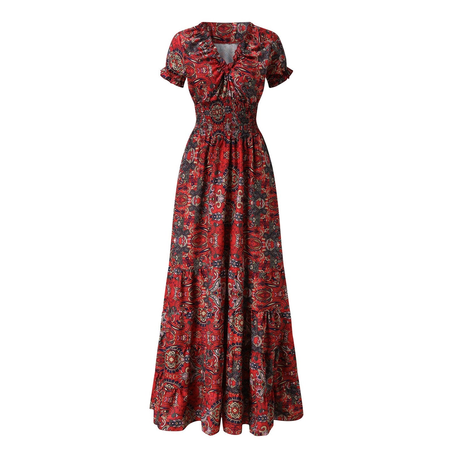Gypsy / Bohemian V Neck Long Dress with Short Sleeve