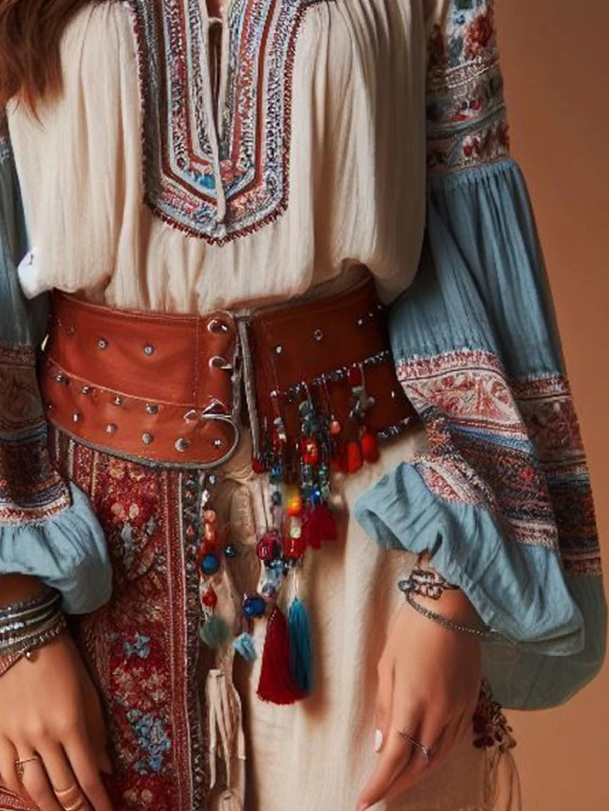 Lantern Sleeves Boho Blouse With Floral Pattern, Drawstring and O Neck Hollow Patterned