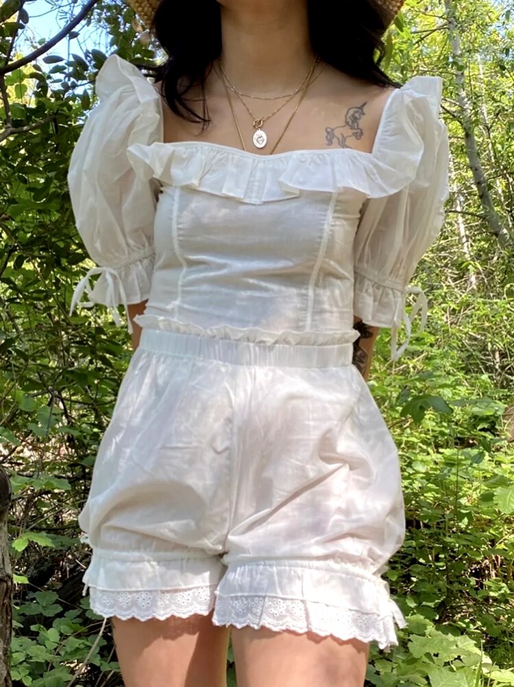 Gypsy/ Boho French Style, White 2 Piece Shorts and Crop Top Set with Ruffles. Backless