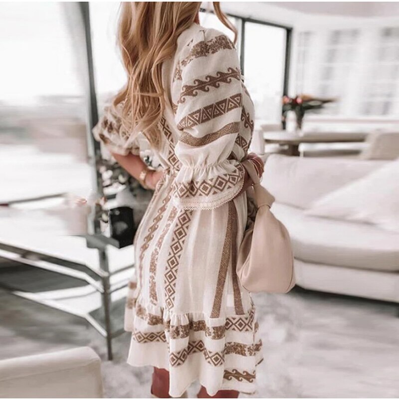 Vintage Print 3/4 Sleeve Mini Dress with High Waist Lace-Up and V-Neck