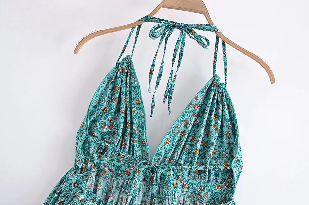 Boho A-Line Strapless Mini Dress with Halter Neck Backless Tie-Up