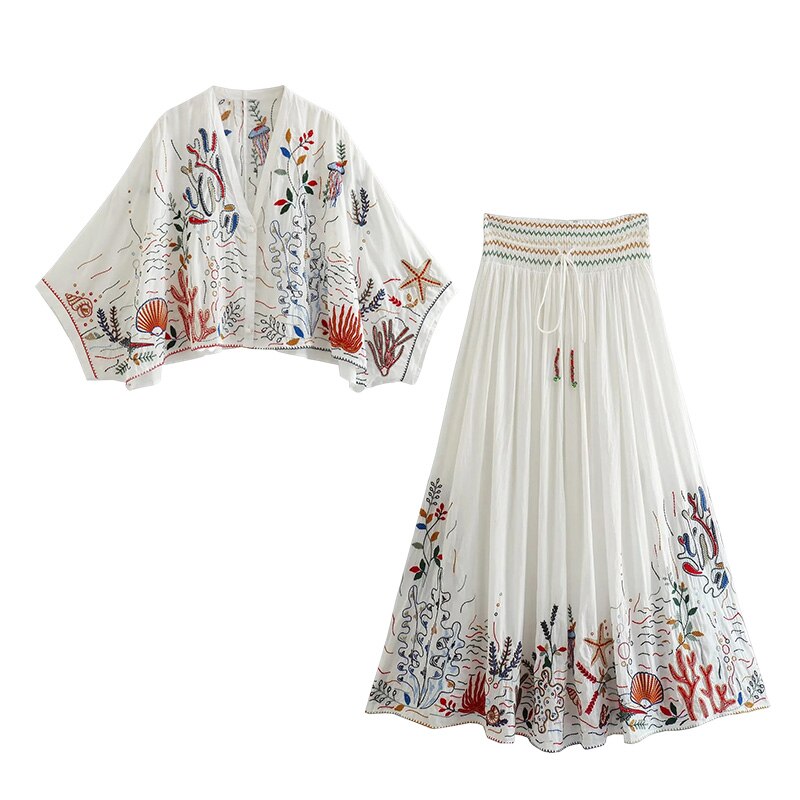 Gypsy Embroidered Paisley Printed Skirt and Blouse Sets with Batwing Sleeve and V-Neck Button Tiered Mini Skirt