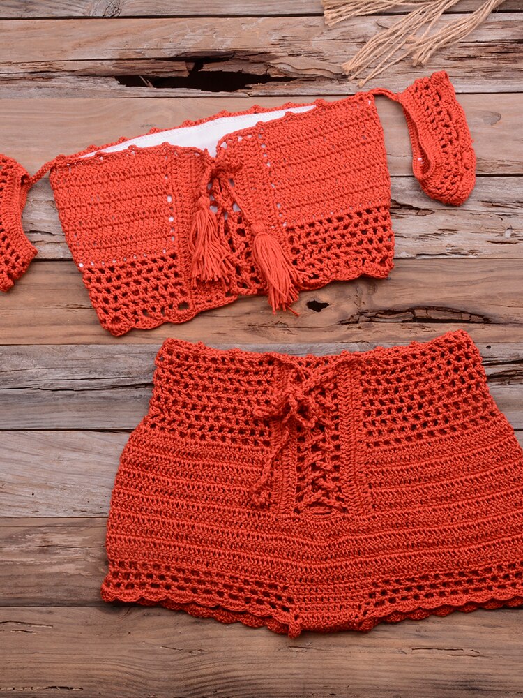Bohemian Fashion Crocheted Beach Bikini Set, Off the Shoulder with Tassels