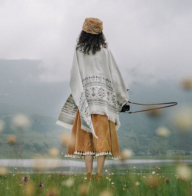 Winter Gypsy/Boho Floral Knitted Poncho Cape with Vintage Aztec Stripe