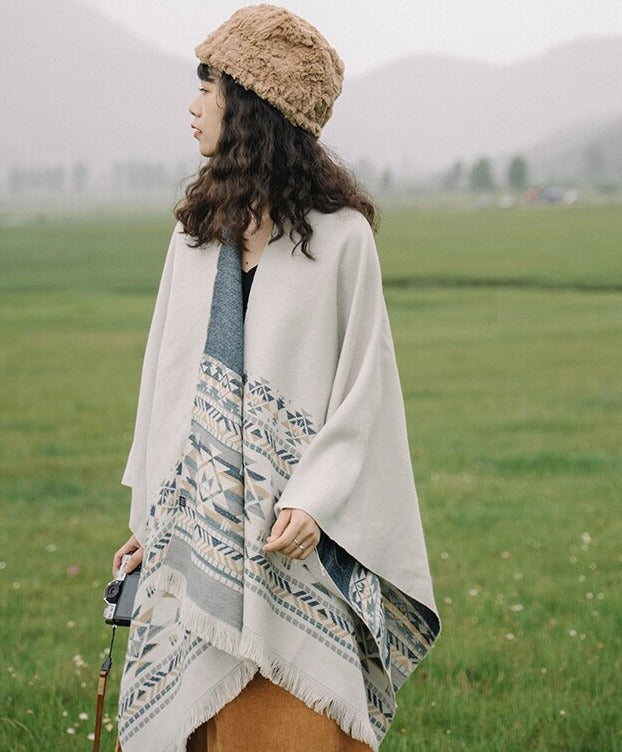 Winter Gypsy/Boho Floral Knitted Poncho Cape with Vintage Aztec Stripe