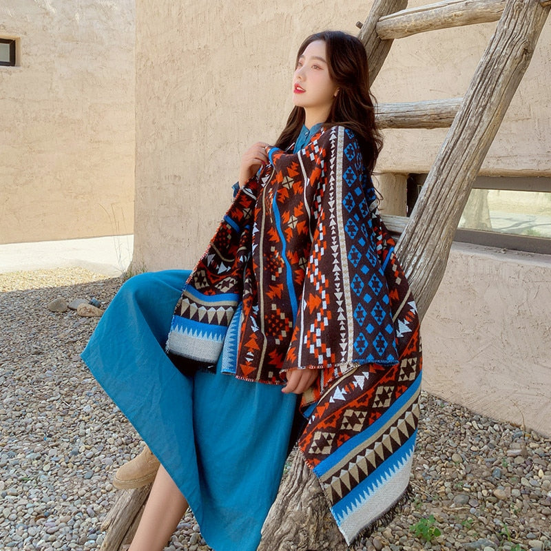 Winter Gypsy/Bohemian Floral Knitted Poncho with Tassels