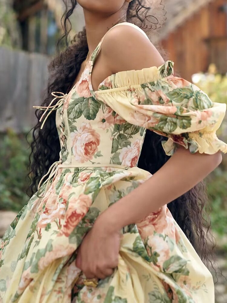Bohemian Floral Printed Maxi Dress with Off The Shoulder Puff Sleeves and Tiered Ruffles