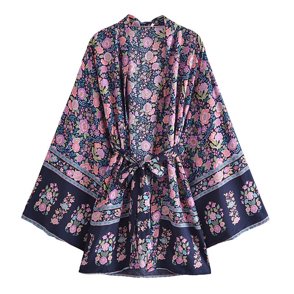 Bohemian Kimono Dresses with Floral Print Sashes Batwing Sleeves and V-Neck (Summer Bikini Boho Cover-ups)