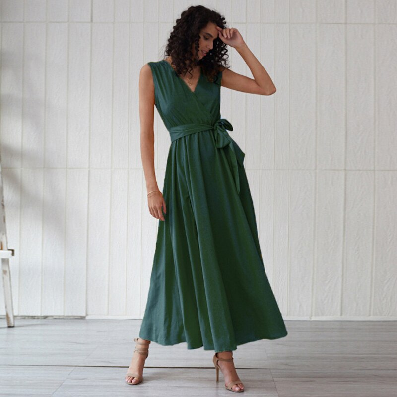 Boho V-Neck Sleeveless Lace Up Long Beach Style Maxi Dress with Split