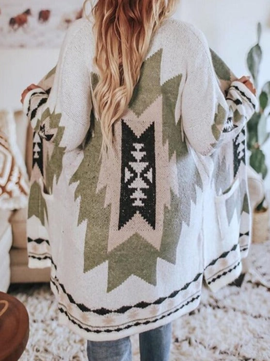 Winter Tribal Printed Casual Loose Long Sleeve Cardigan with V-neck. Trench Coat Style.