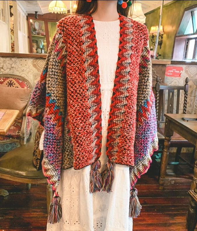 Winter Gypsy/ Boho Knitted Poncho Cloak with Tassels