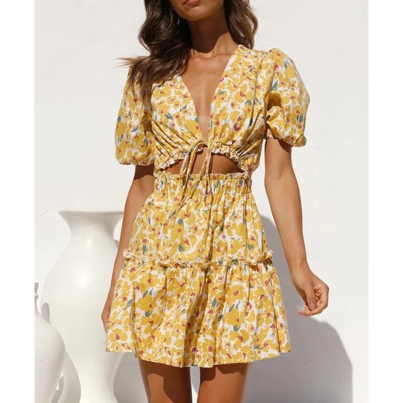 Gypsy Floral Printed Mini Dress with Deep V-Neck and Puff Sleeve