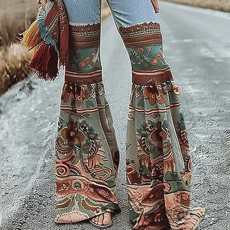 Vintage Boho Blue Jeans with Floral Printed Flare Bottoms and Pockets